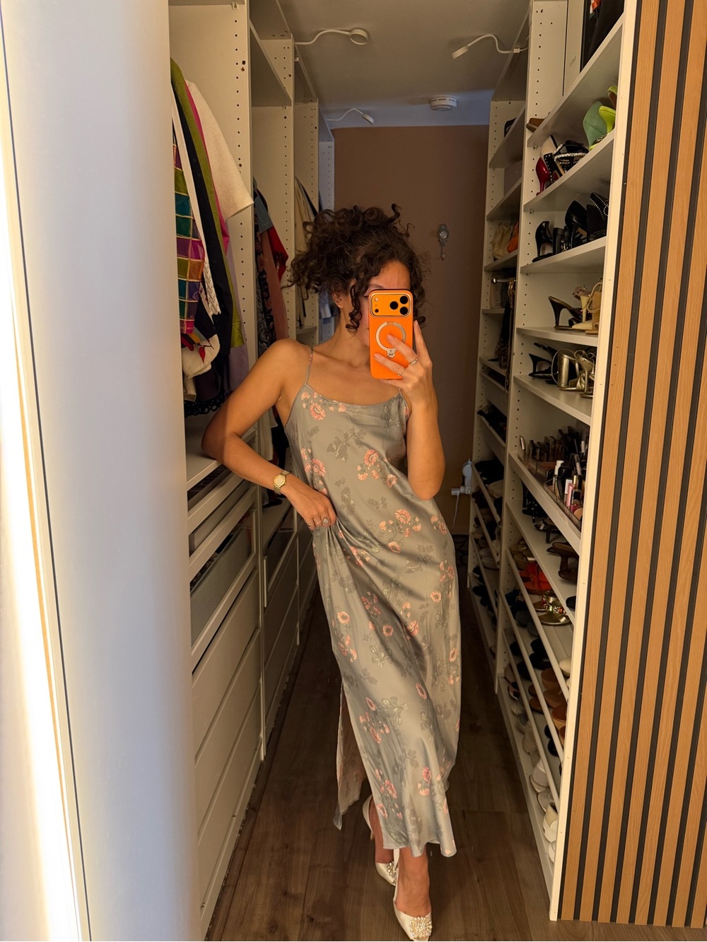 Ralph Lauren Gray Satin Floral Slip Dress with Pink Blooms